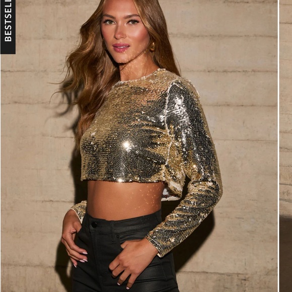 Vici Gillian Sequin Long Sleeve Crop Top - NWT, gold, small - Picture 5 of 6
